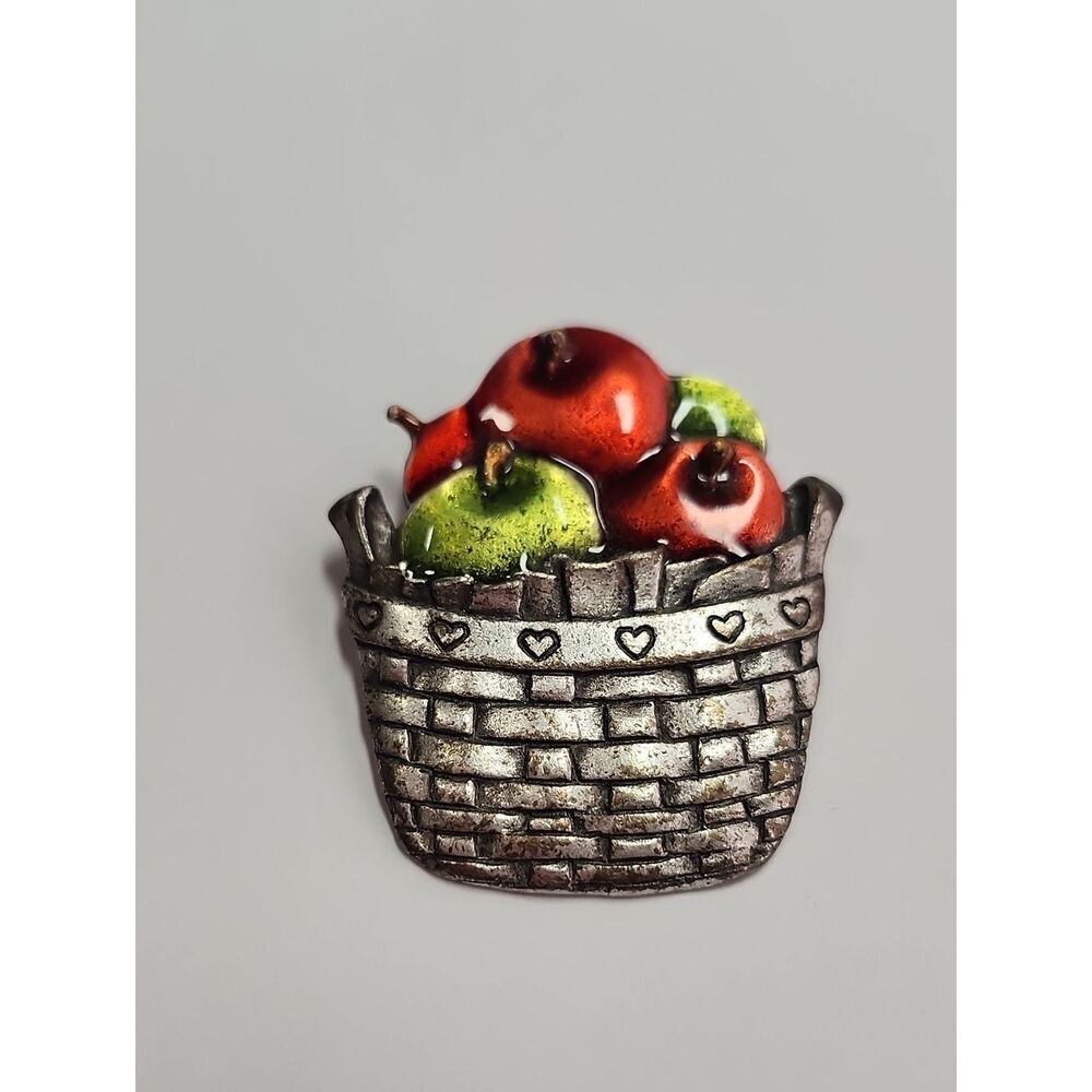 AJMC Brooch Pin Enamel Apple Basket Bushel O Love